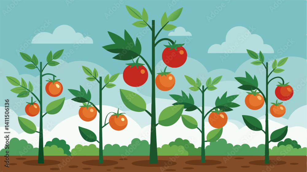 Obraz premium In the field the tomato plants were ly more than shrubs with tiny pale fruit ly clinging to their branches.. Vector illustration