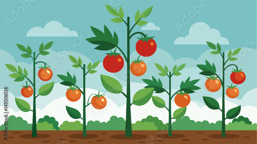 In the field the tomato plants were ly more than shrubs with tiny pale fruit ly clinging to their branches.. Vector illustration