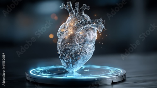 Digital Human Heart Hologram on Futuristic Platform Medical Technology Concept