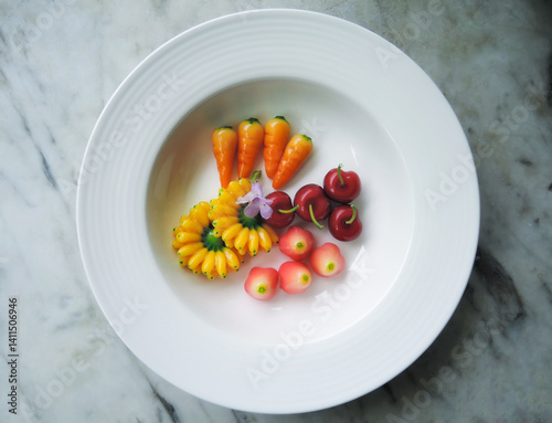 Luk Chup is a type of Thai dessert. It is made from mung beans and molded into the shape of various fruits. It is beautifully decorated with food coloring and placed on a white plate.