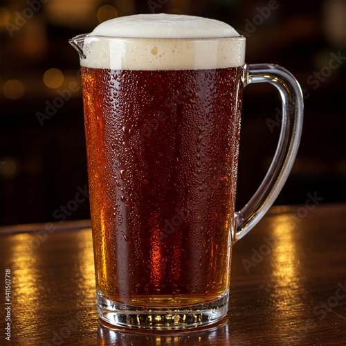 Full Pitcher of Beer. Full beer pitcher with foam on a bar counter. Vertical shot