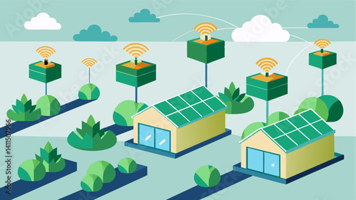 Geographically dispersed greenhouses being connected through a centralized lighting control system allowing farmers to remotely adjust light levels for all their facilities at. Vector illustration