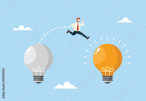 A smart businessman jumps from an old light bulb idea to a new idea. Business changes. Moving towards a more innovative company. Improving and adapting to the new normal concept. Vector illustration