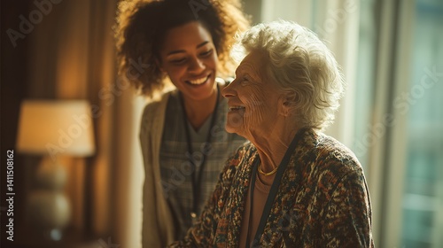 Happy senior woman smiles warmly at her caregiver a young African American woman in a home setting