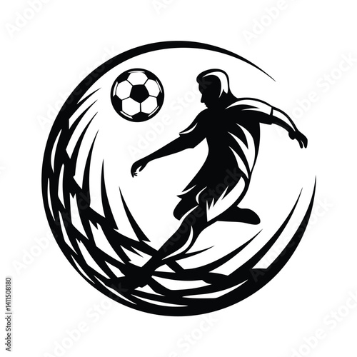 Soccer Player Kicking Ball Silhouette, Circular Abstract Design, Action Shot, Isolated Black & White