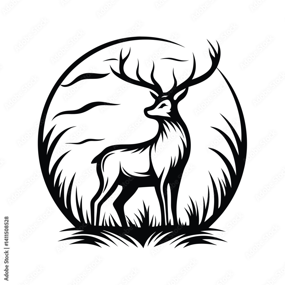 Obraz premium Majestic Stag Silhouette Graceful Deer with Antlers in a Circular Forest Setting