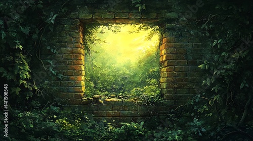 Overgrown brick wall window revealing sunlit forest; nature reclamation; fantasy background; ideal for fantasy, nature, or escape themes