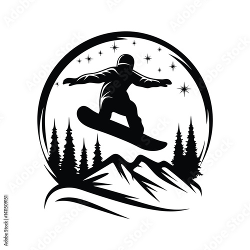 Snowboarder Silhouette Leaping Over Mountain Peak with Starry Night Backdrop Design