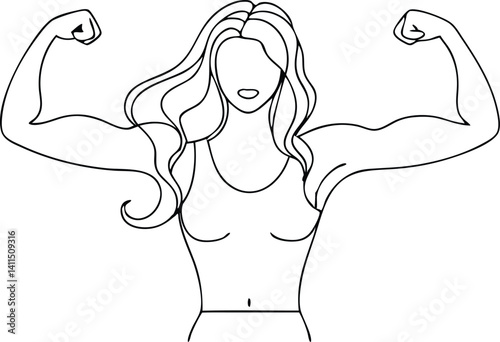 Faceless muscular woman line art flexing arms in fitness apparel for gym motivation, girl power, wall decor, empowering graphic t-shirts, and strong female-inspired digital downloads