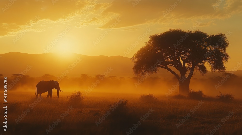 Fototapeta premium Elephant Walking Silhouetted Across Savanna With Large Tree At Sunset