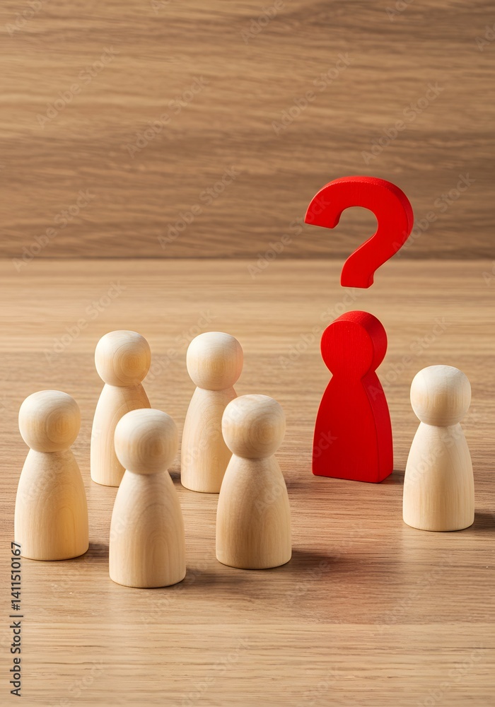 leadership dilemma, There is no place for the red man in the group. Social isolation. Exclusion, discrimination. Wooden figurines, group dynamics, isolation concept, red outsider, question mark