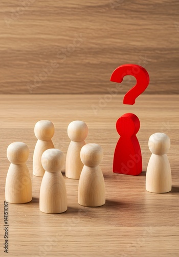 leadership dilemma, There is no place for the red man in the group. Social isolation. Exclusion, discrimination. Wooden figurines, group dynamics, isolation concept, red outsider, question mark	