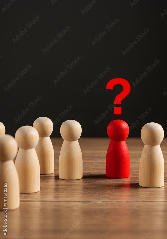 leadership dilemma, There is no place for the red man in the group. Social isolation. Exclusion, discrimination. Wooden figurines, group dynamics, isolation concept, red outsider, question mark