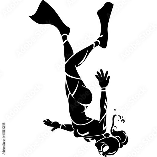 Sketchy engraving emblem of brave girl freediver dives to depth in mask and fins in monochrome. Engraving minimalistic vector in black ink drawing on transparent background