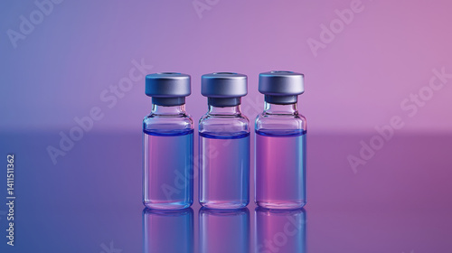 Three vaccine vials on reflective surface with gradient lighting