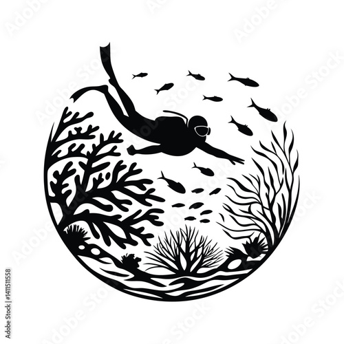 Silhouette Diver Swimming Amongst Coral and Fish in Circular Marine Ecosystem Design