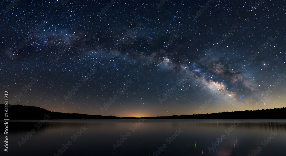 Fototapeta premium Milky Way Above Calm Lake Reflecting Starry Night Sky