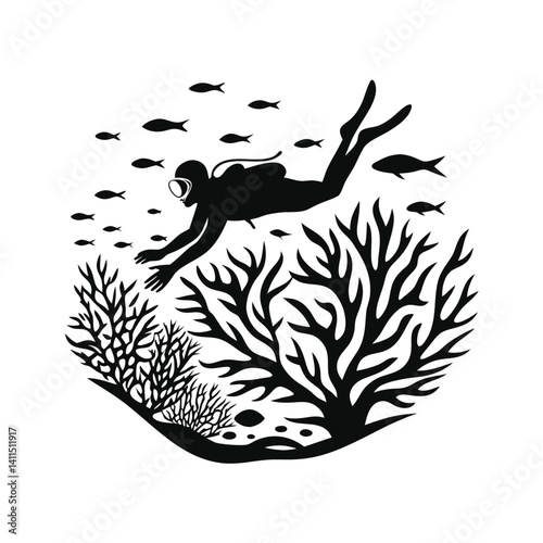 Monochrome Silhouette Diver with Coral Reef and School of Fish in Underwater