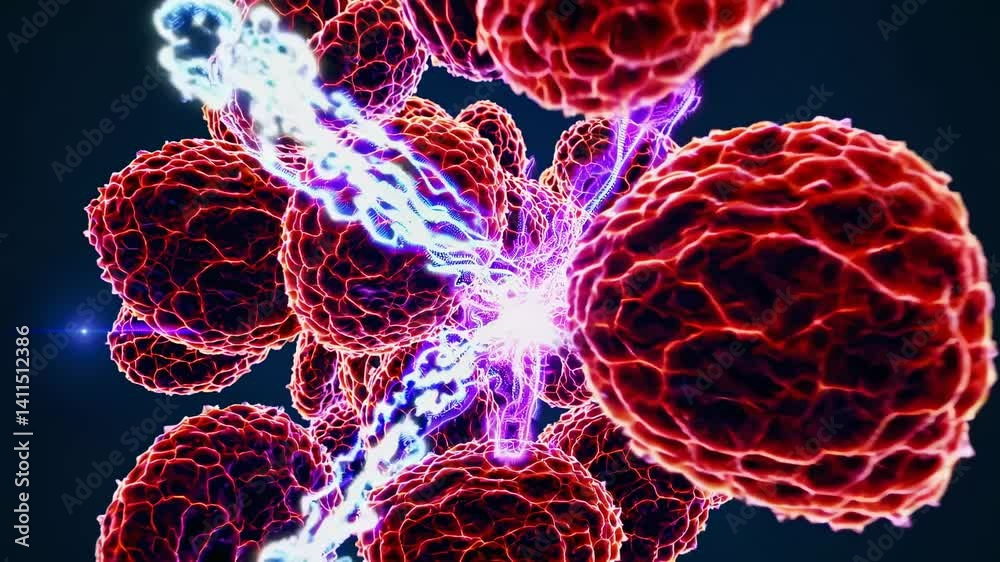 Microscopic visualization shows cluster red cancer tumor cells being ...