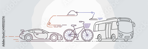 Line-style transportation icons with sports car, bicycle, and bus – Perfect for travel, mobility, or modern transport-related content.