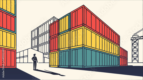 Global trade logistics colorful shipping containers a worker surveys the scene simple line art style