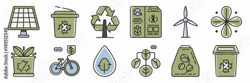 Line and fill vector icons of sustainability and eco-friendly lifestyle – Perfect for environmental awareness, eco campaigns, or green technology.