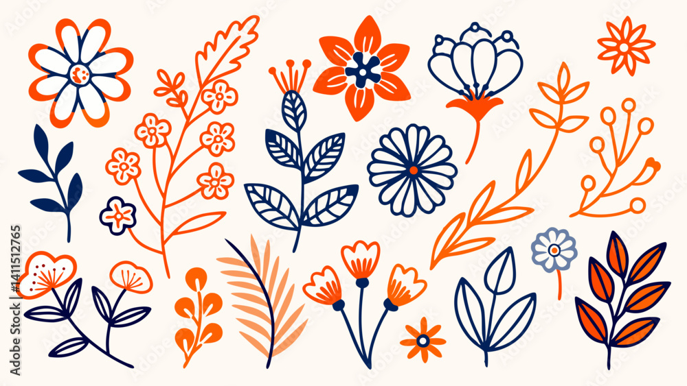 Obraz premium Vibrant floral design elements orange and navy blue hand drawn flowers leaves and branches perfect