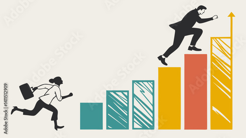 Business growth Man leaps ahead woman starts running Colorful bar graph upward trend