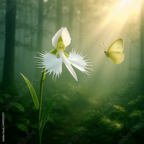 White Egret Orchid in Misty Forest with Butterfly