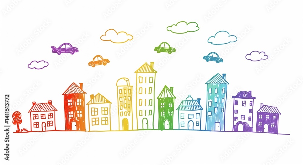 Colorful cityscape with cars and clouds in rainbow style Colorful cityscape with cars and clouds in rainbow style