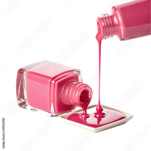 Pink Nail Polish Pouring: Manicure Supplies, Beauty Product Images on transparent background