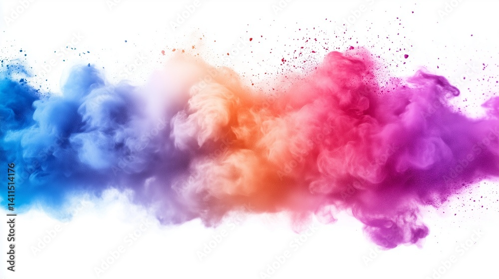 Fototapeta premium Colorful powder on a white background. A powder explosion in a city. Isolated colors of white. Vibrant powder set against lifestyle a white backdrop.