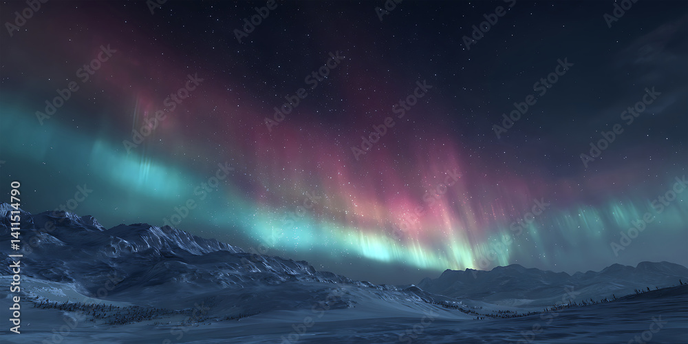 Naklejka premium A Vibrant Aurora Borealis Glowing Across a Snowy Landscape for Winter Adventure, Northern Lights, and Nature Photography Projects