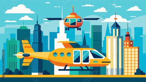 In a city where time is money the speed and efficiency of air taxis have become invaluable. Business exeives tourists and even everyday commuters choose to utilize this innovative. Vector illustration