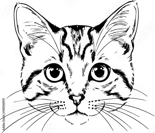Cat Head Illustration Close-Up with Stripes Black and White