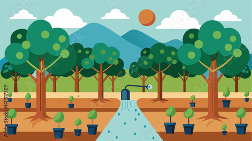 Drip irrigation technology is utilized in the orchard delivering water directly to the roots of plants and reducing water waste.. Vector illustration