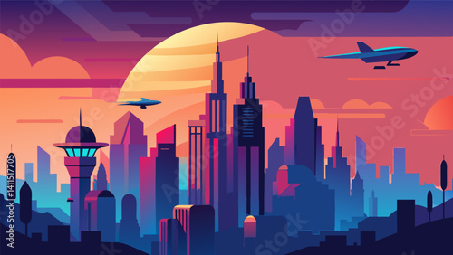 The sky was ablaze with vibrant hues as the sun rose over the futuristic city as if welcoming the sleek and stylish air taxis that flew with ease through its airspace.. Vector illustration