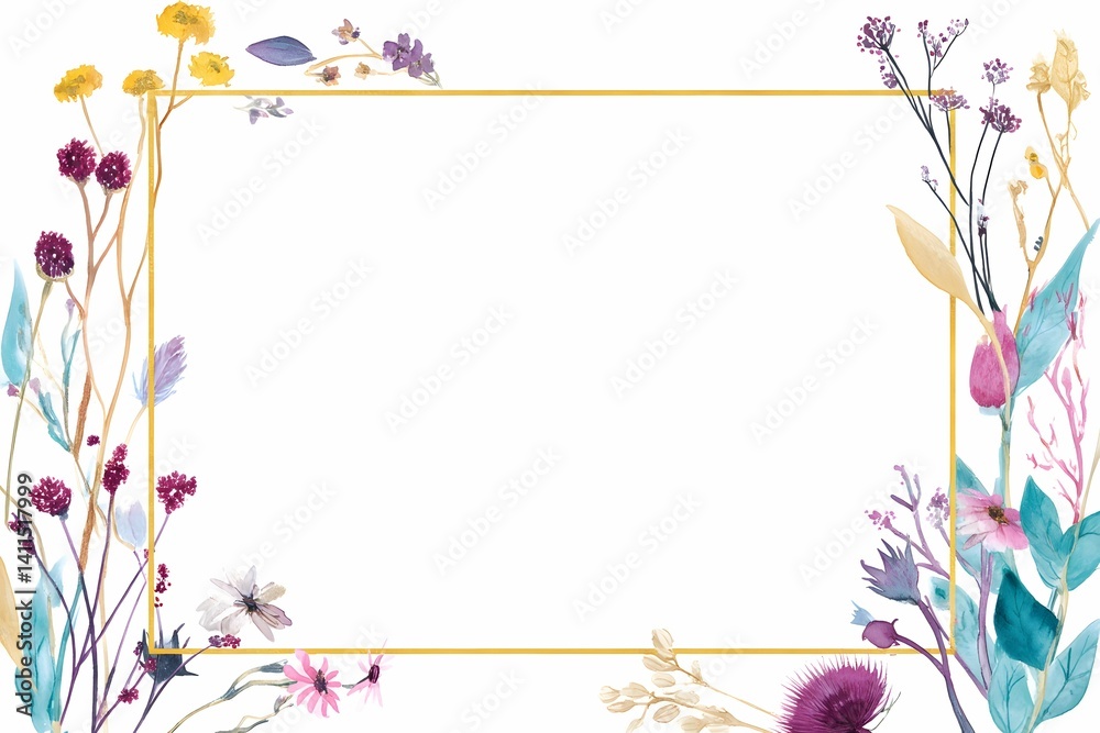 Delicate watercolor wildflower bouquet elegantly encircles the frame. Delicate watercolor wildflower bouquet elegantly encircles the frame.