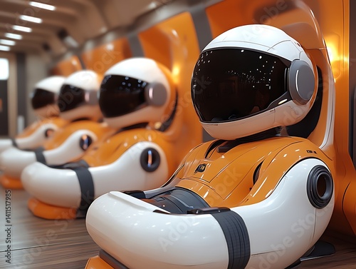 Row of orange and white robots in futuristic setting. photo