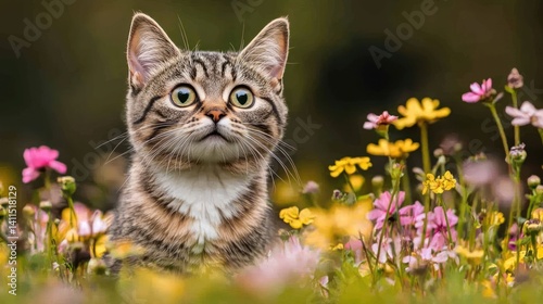 Curious tabby cat in a meadow of flowers