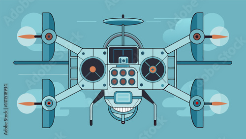 The intricate wiring and components of the eVTOLs propulsion system can be seen through a transparent panel a testament to its tingedge technology.. Vector illustration