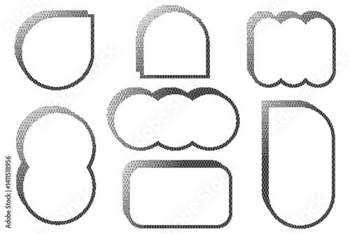 Pixel pattern frames. Bitmap arch windows on white background. Dotted dither vector graphic elements. Noisy arcade game gradient arc. Geometric halftone abstract border.