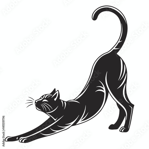 Black cat stretching pose, arching back, isolated on white backdrop, feline silhouette