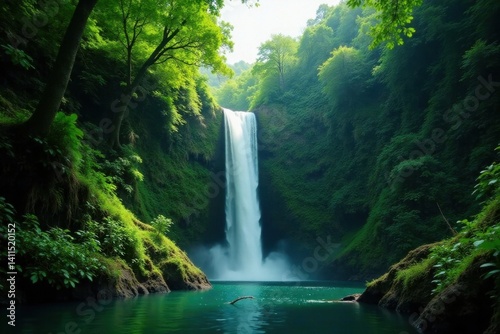 Lush green canopy frames cascading waterfall, Thailand , cascade, picture, paradise