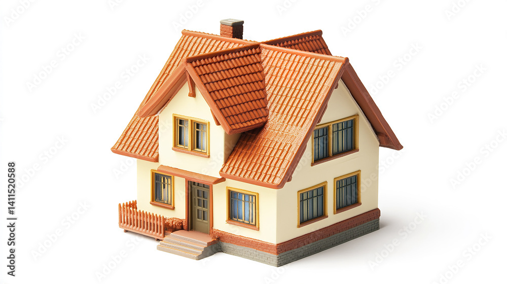 charming model house with red roof and beige walls on white background charming model house with red roof and beige walls on white background