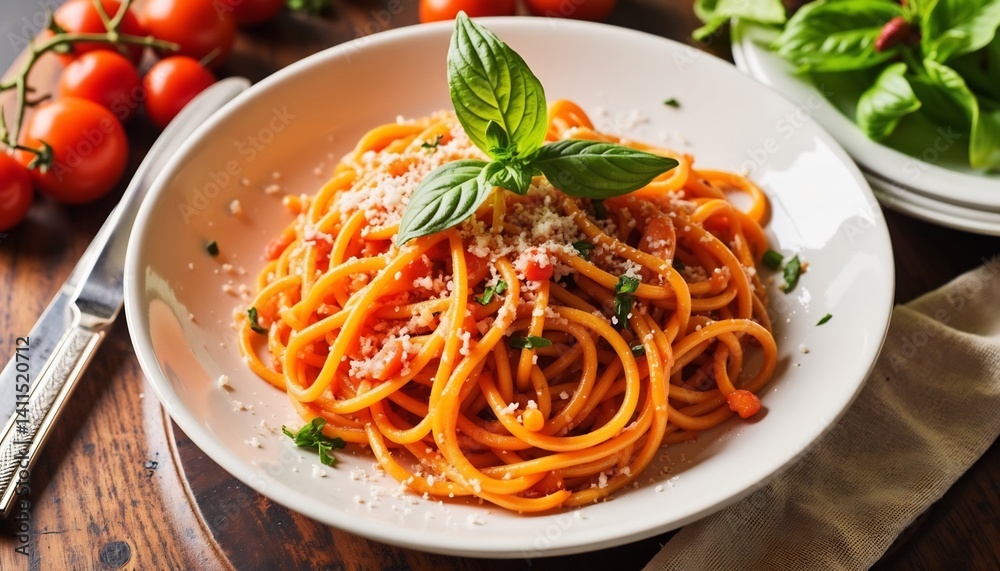 Spaghetti With Tomato Sauce And Basil On Wooden Table