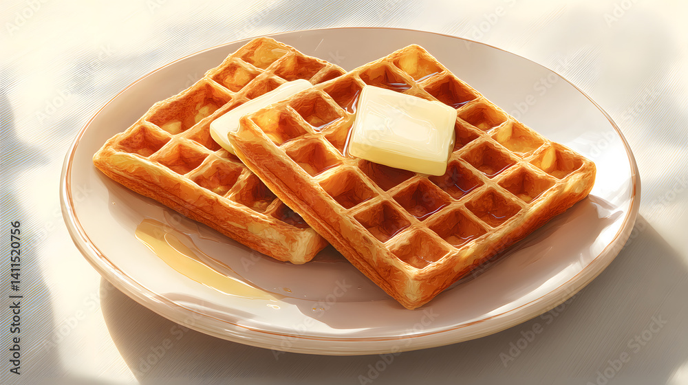 Delicious Golden Brown Toasted Waffles with Butter on White Plate and Maple Syrup Drizzle in Sunlight Delicious Golden Brown Toasted Waffles with Butter on White Plate and Maple Syrup Drizzle in Sunlight