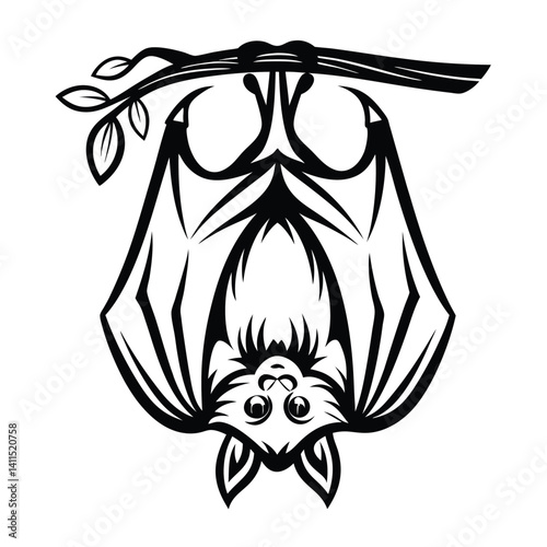 Minimalist Bat Upside Down, Hanging from Branch, Black and White Silhouette