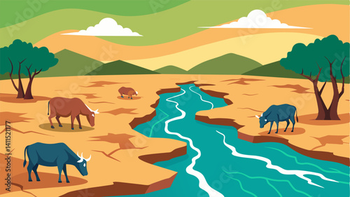 In the cracked mud at the edge of the riverbed a few scrawny livestock browse on wilted patches of grass their bony frames a tragic reflection of the lack of water and food.. Vector illustration