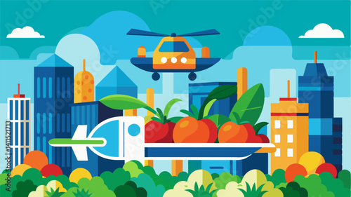 In a bustling metropolis air taxis are the preferred mode of transportation for transporting organic produce from urban farms to restaurants and grocery stores.. Vector illustration